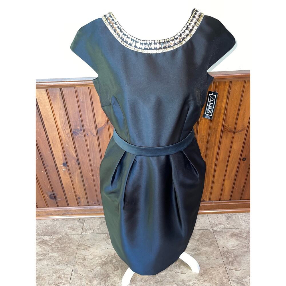Alex Evenings Satin Black Midi Dress with Metallic Trim